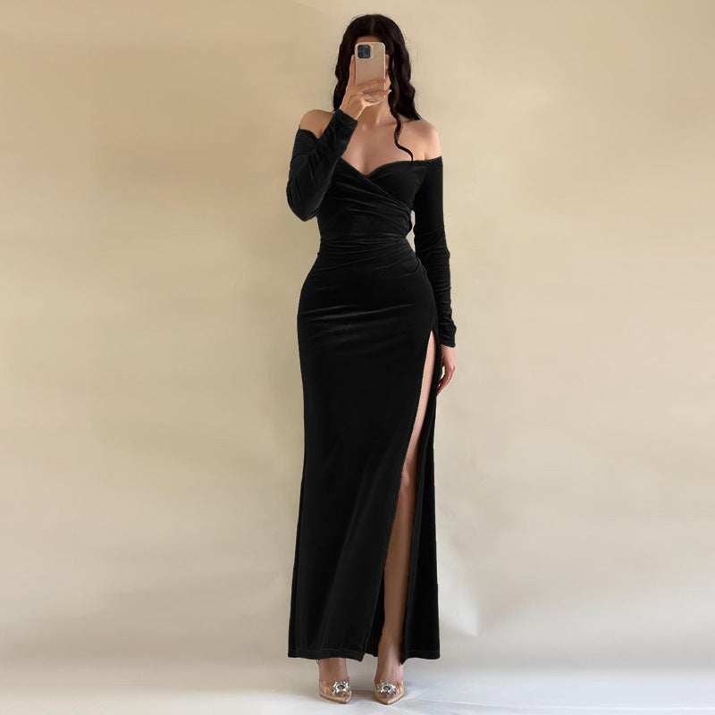 Velvet Off-Shoulder High-Slit Maxi Dress in black - view 3