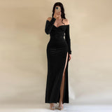 Velvet Off-Shoulder High-Slit Maxi Dress in black - view 3