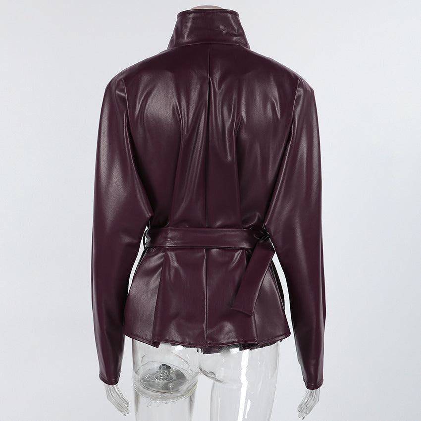Burgundy Faux Leather Belted Funnel Neck Jacket in burgundy - view 5