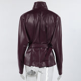 Burgundy Faux Leather Belted Funnel Neck Jacket in burgundy - view 5