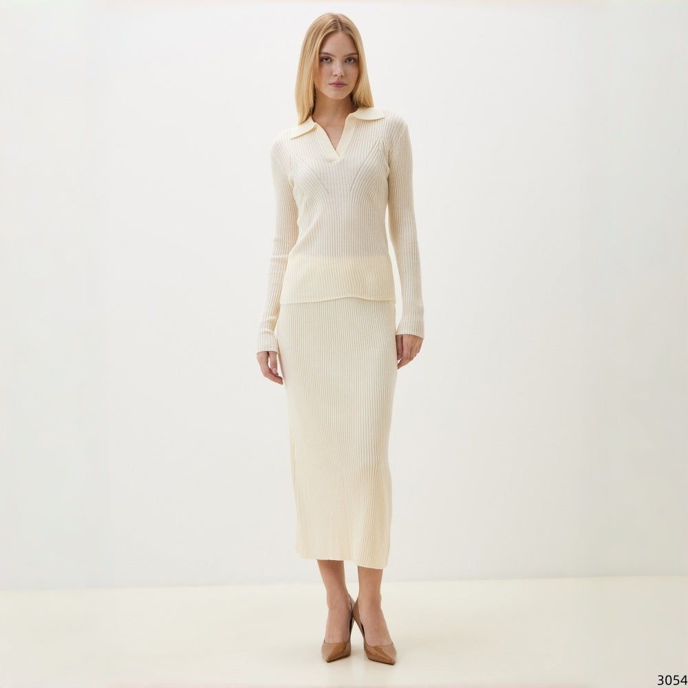 Cream Ribbed Knit Polo and Midi Skirt Set in cream