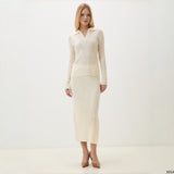 Cream Ribbed Knit Polo and Midi Skirt Set in cream