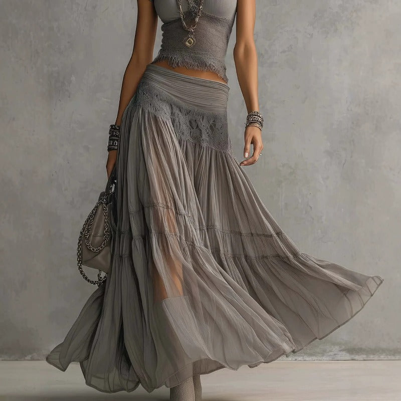 Ribbed Crop Top and Tiered Chiffon Maxi Skirt Set in grey - view 4