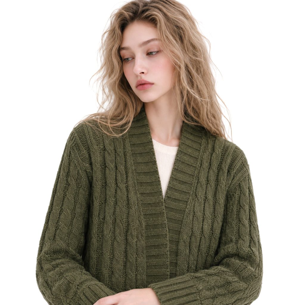 Long Cable Knit Open-Front Cardigan in olive - view 5