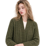 Long Cable Knit Open-Front Cardigan in olive - view 5