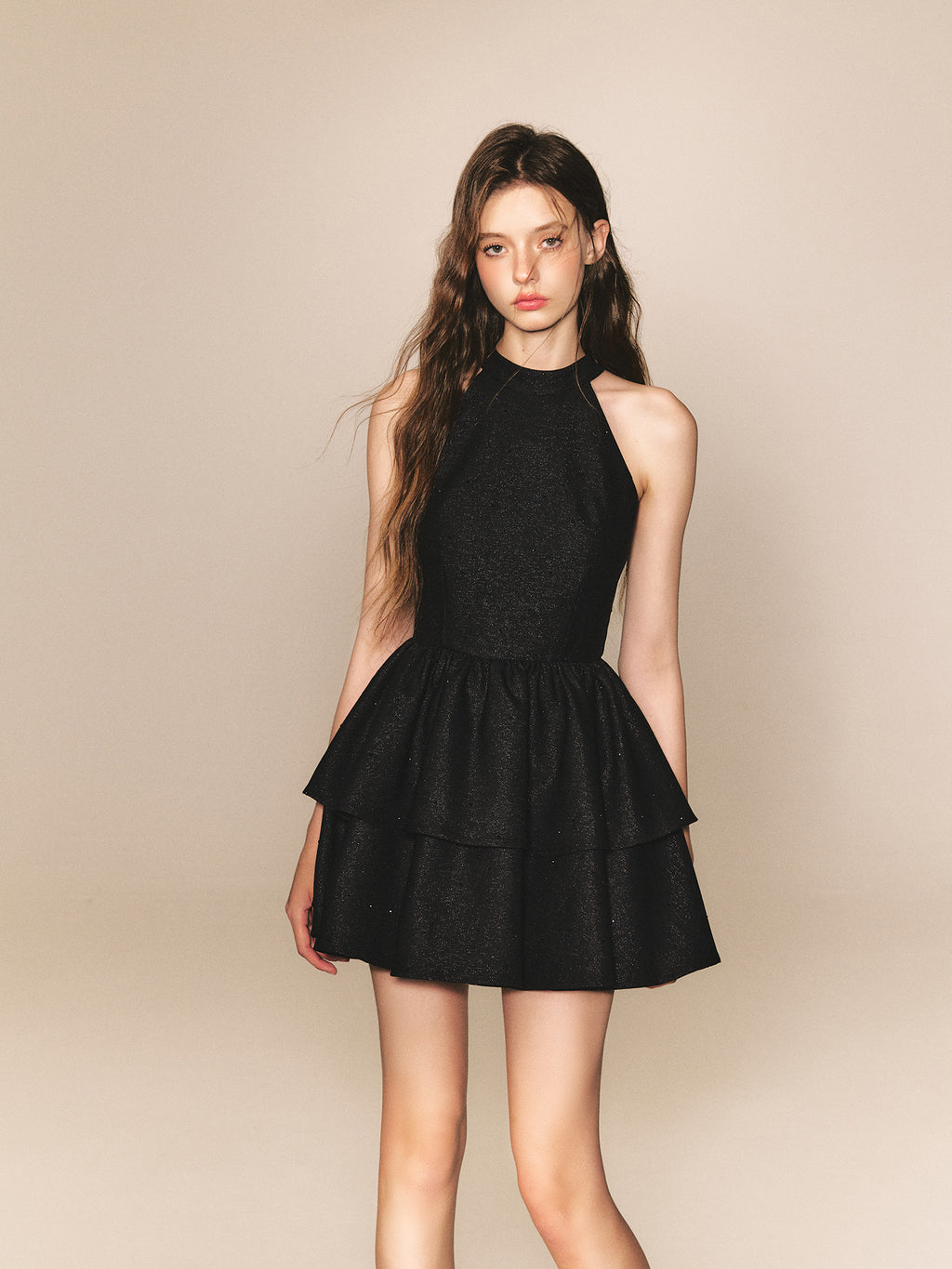 Halter Tiered Mini Dress with Bow Back in black - view 2