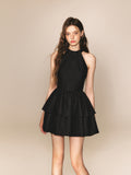 Halter Tiered Mini Dress with Bow Back in black - view 2
