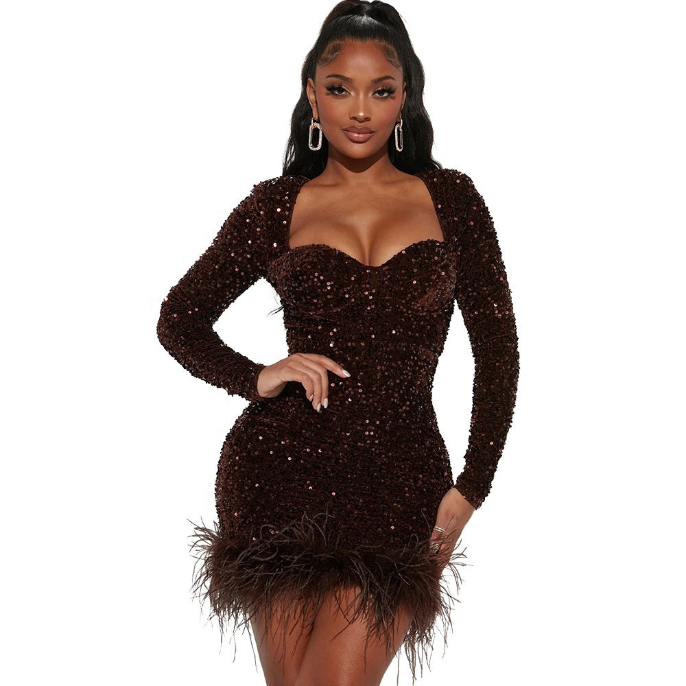 Sparkle Feather Hem Long Sleeve Mini Dress in burgundy