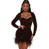 Sparkle Feather Hem Long Sleeve Mini Dress in burgundy