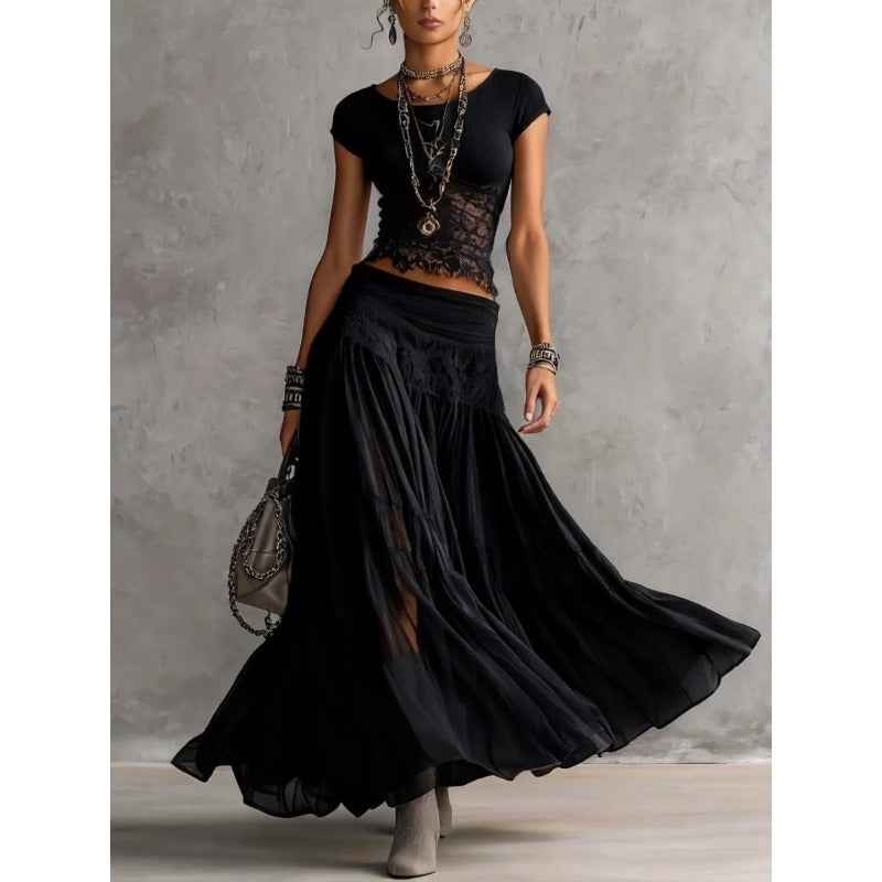Ribbed Crop Top and Tiered Chiffon Maxi Skirt Set in black - view 6