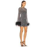Fishnet Feather Trim Long Sleeve Rhinestone Mini Dress in black - view 2