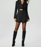 Black Pinstripe Belted Blazer Dress in black - view 4