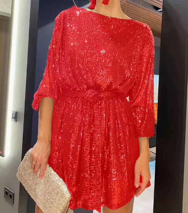Sequin Long Sleeve Tie Waist Flowy Mini Dress in red - view 2