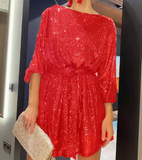 Sequin Long Sleeve Tie Waist Flowy Mini Dress in red - view 2