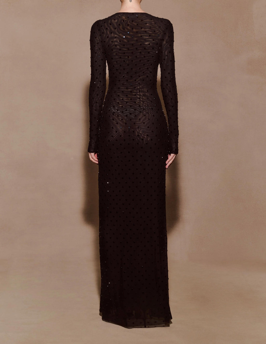 Sheer Mesh Rhinestone Deep V Long Sleeve Maxi Dress in black - view 5