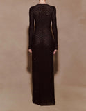 Sheer Mesh Rhinestone Deep V Long Sleeve Maxi Dress in black - view 5