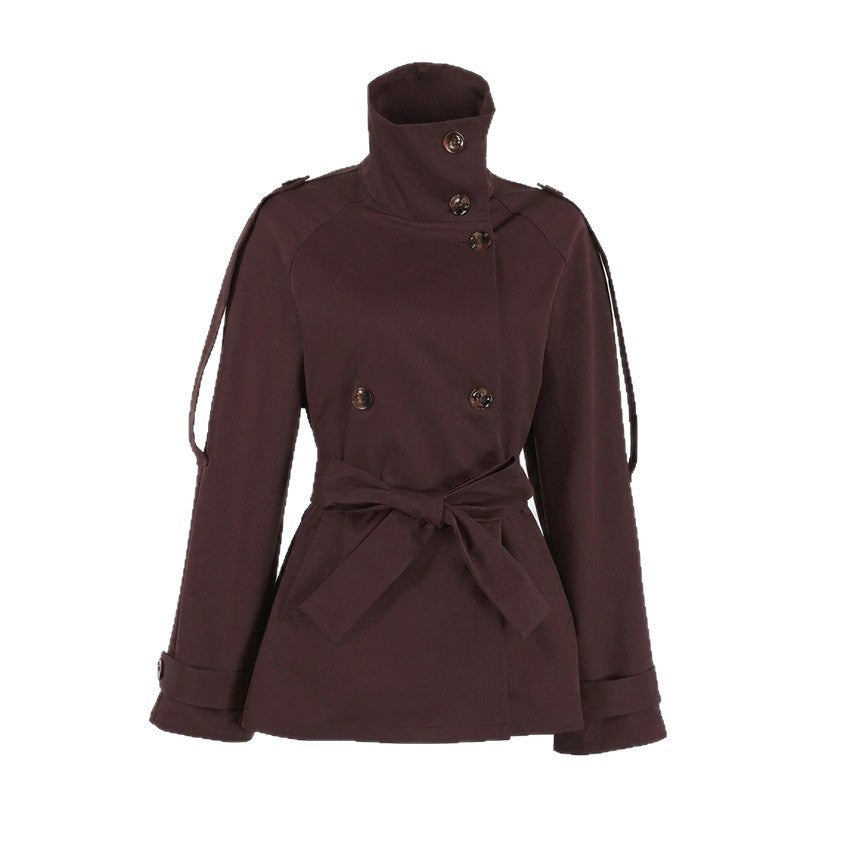 Cropped Stand Collar Belted Trench Jacket in chocolate - view 5