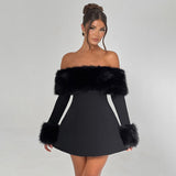 Off Shoulder Faux Fur Trim Skater Mini Dress in black - view 6