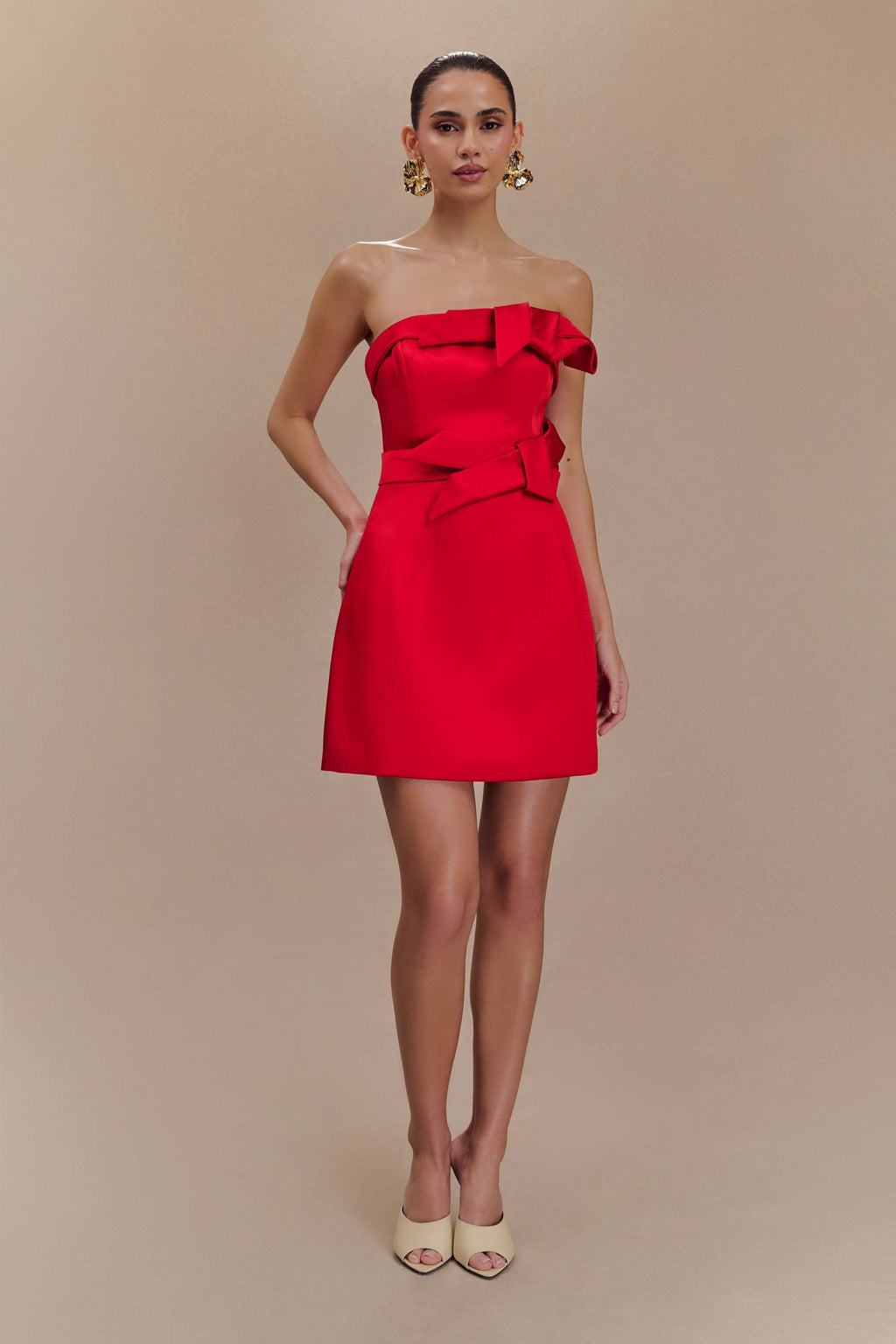 Red Satin Strapless Bow Mini Dress in red - view 6