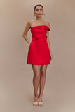 Red Satin Strapless Bow Mini Dress in red - view 6