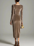 Velvet Cowl Neck Ruched High-Slit Midi Dress in taupe - view 2