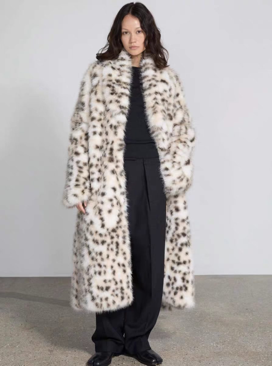 Snow Leopard Faux Fur Long Coat in snow leopard