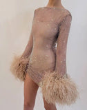 Rhinestone Metal Mesh Feather Cuff Mini Dress in nude - view 2