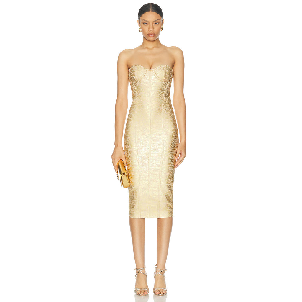 Metallic Strapless Bandage Midi Dress in gold