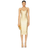 Metallic Strapless Bandage Midi Dress in gold