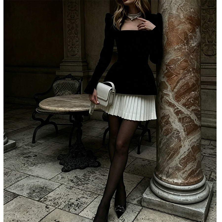 Velvet Square Neck Pleated Hem Mini Dress in black - view 5