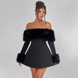 Off Shoulder Faux Fur Trim Skater Mini Dress in black