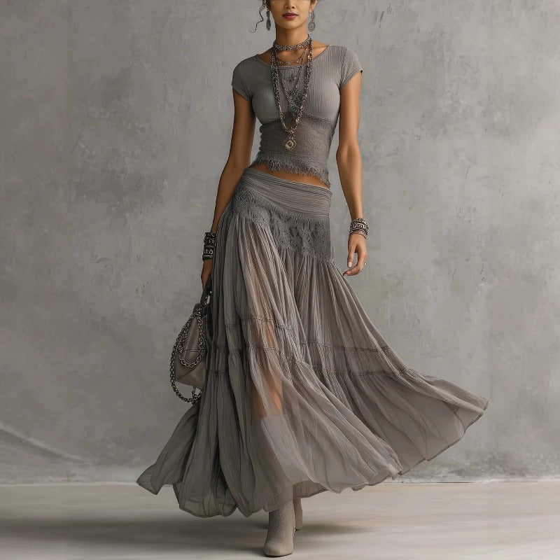 Ribbed Crop Top and Tiered Chiffon Maxi Skirt Set in grey
