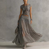 Ribbed Crop Top and Tiered Chiffon Maxi Skirt Set in grey