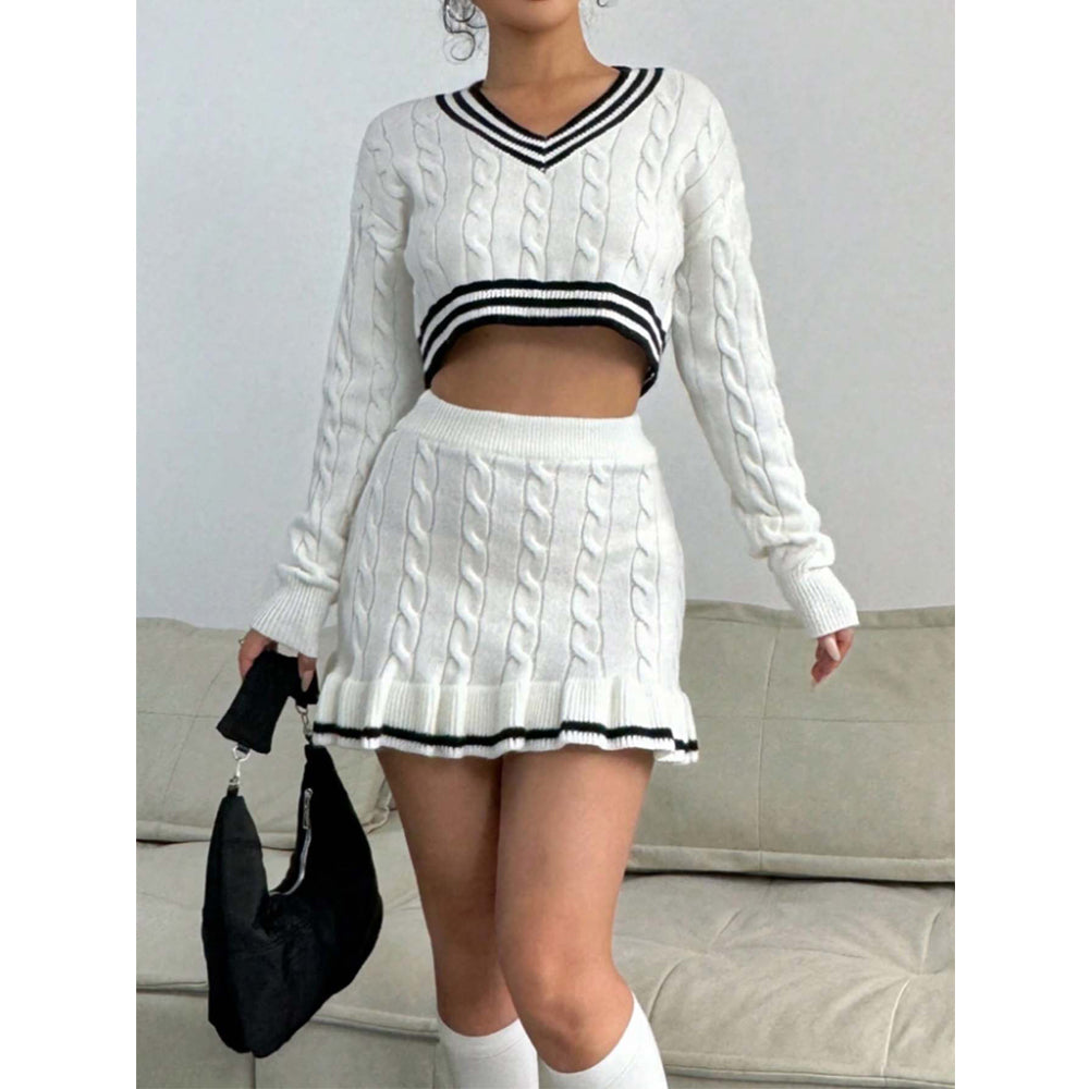 Cable Knit Cropped Sweater and Ruffle Mini Skirt Set in cream