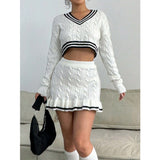 Cable Knit Cropped Sweater and Ruffle Mini Skirt Set in cream