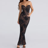 Sheer Lace Sweetheart Long Sleeve Maxi Dress in black - view 4