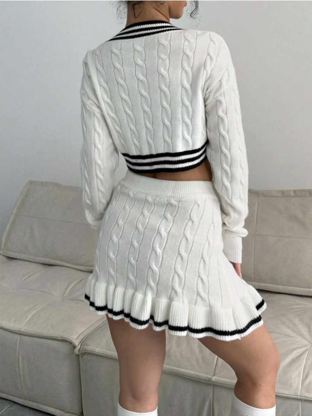 Cable Knit Cropped Sweater and Ruffle Mini Skirt Set in cream - view 6