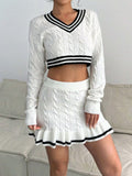 Cable Knit Cropped Sweater and Ruffle Mini Skirt Set in cream - view 5
