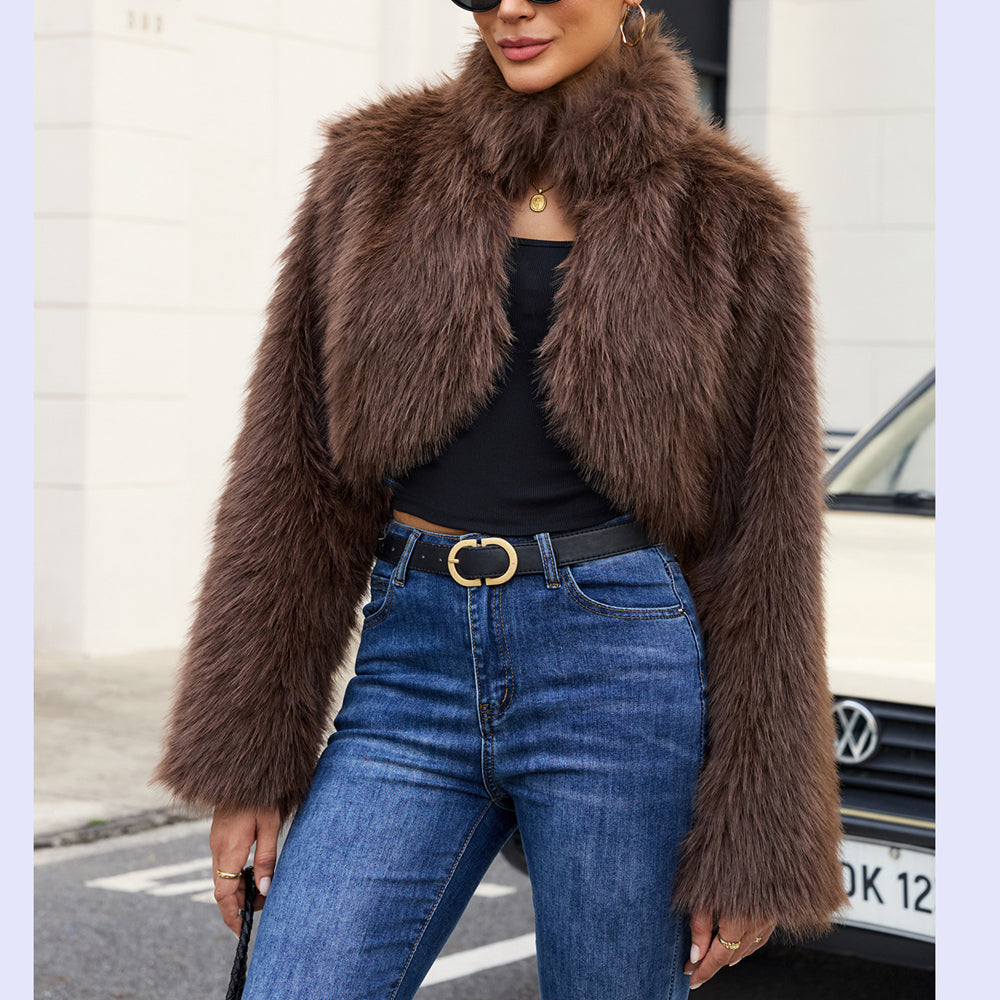 Cropped Faux Fur Bolero Jacket in chocolate - view 2