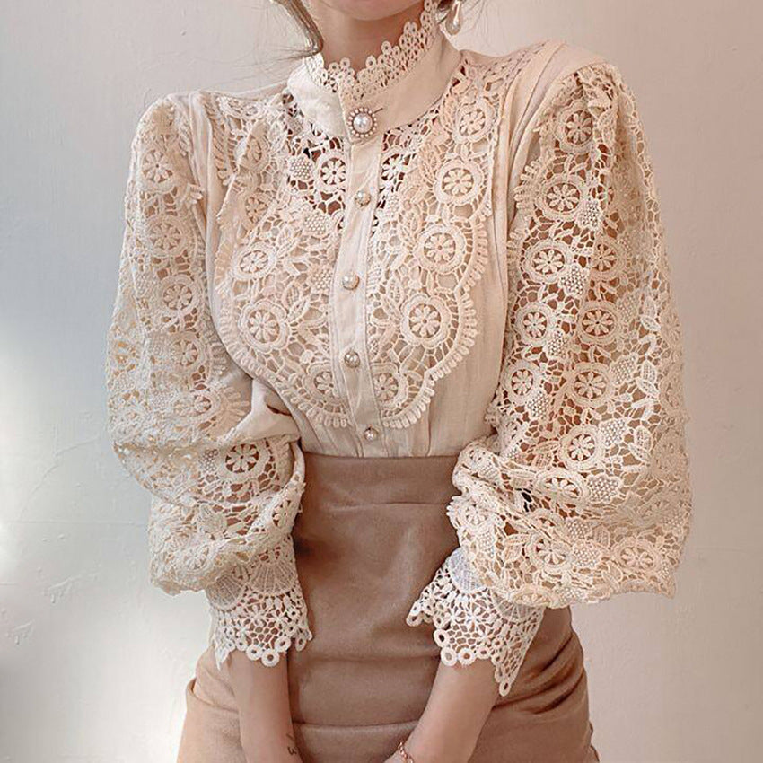 Vintage Crochet Lace High-Neck Blouse in cream
