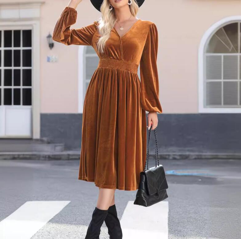 Velvet Surplice Lantern Sleeve Flowy Midi Dress in caramel - view 3