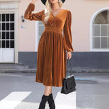 Velvet Surplice Lantern Sleeve Flowy Midi Dress in caramel - view 3