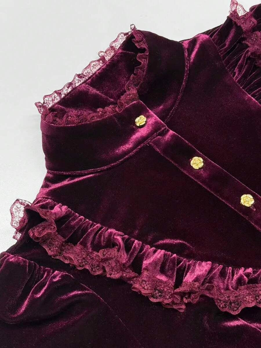 Burgundy Velvet Ruffle Bow-Neck Blouse in burgundy - view 4