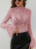 Sheer Lace Mock Neck Long Sleeve Top in pink - view 3