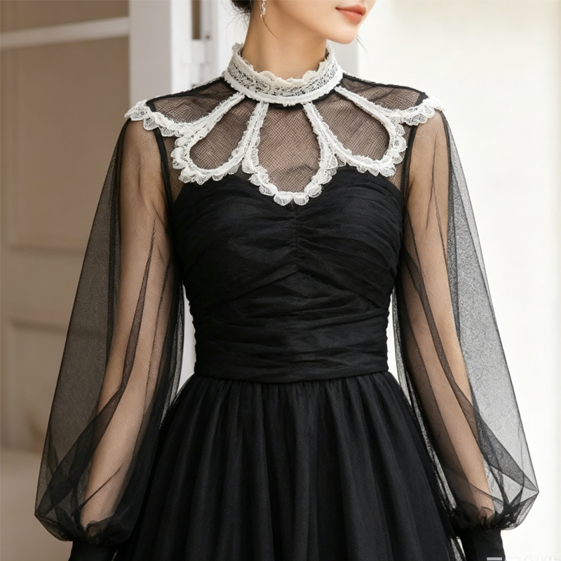 Black Tulle Lace Collar Maxi Dress in black - view 5