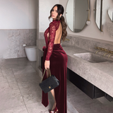 Burgundy Velvet Lace Bodice Backless Maxi Dress in burgundy - view 3