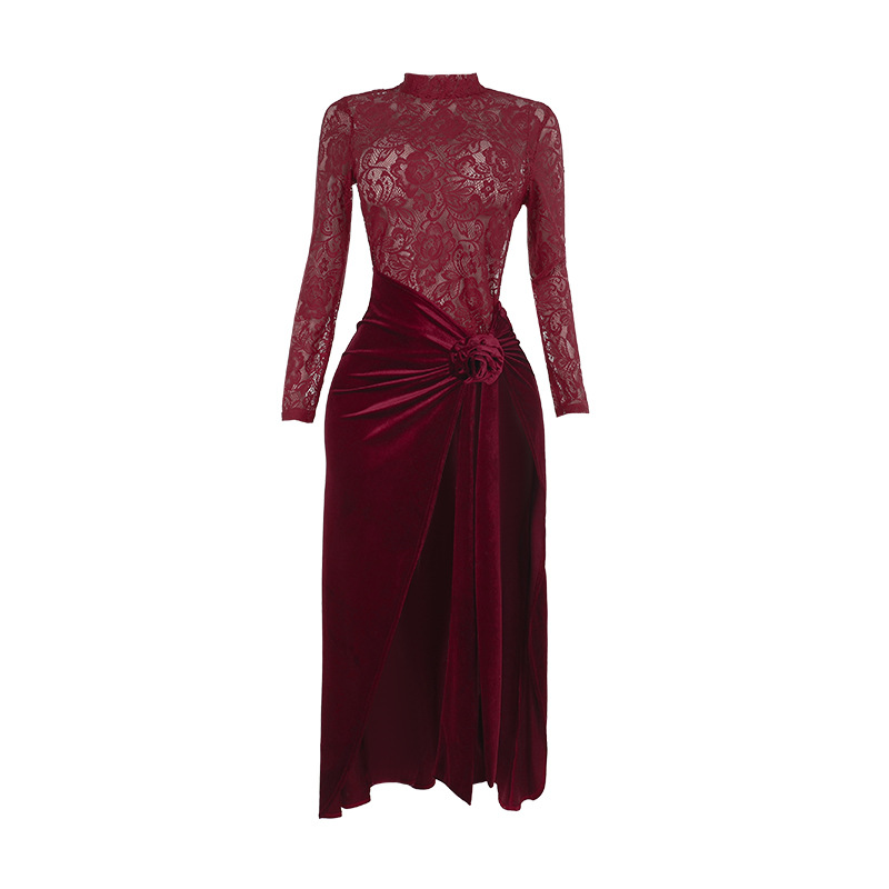 Burgundy Velvet Lace Bodice Backless Maxi Dress in burgundy - view 5