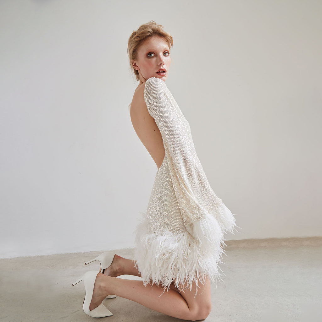Sequin Feather Trim Flare Sleeve Mini Dress in champagne - view 3
