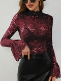 Sheer Lace Mock Neck Long Sleeve Top in burgundy - view 6