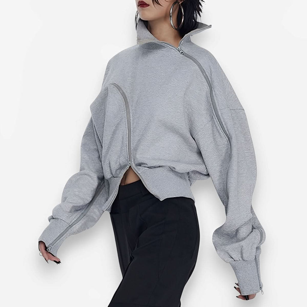 Irregular Zipper Placket Short Sweatshirt - Sweatshirts from The Woman Concept
